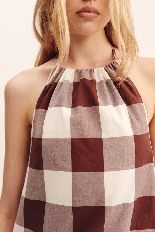CALLIE MINI DRESS - MOCHA GINGHAM