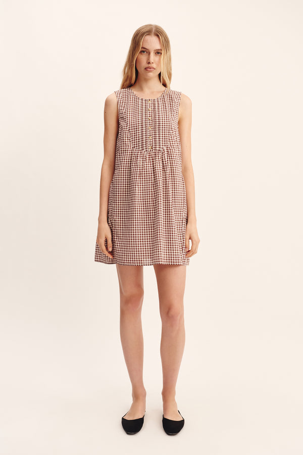 CALLIE SHIFT DRESS - PETITE MOCHA GINGHAM