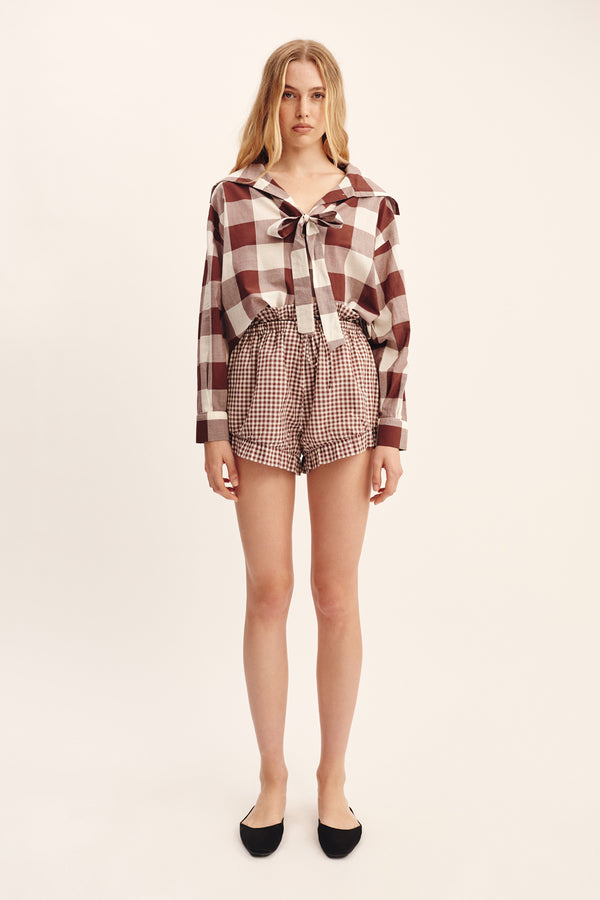 CALLIE SHORT - PETITE MOCHA GINGHAM