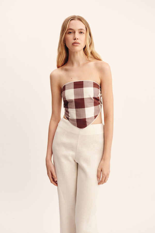 CALLIE TIE TOP - MOCHA GINGHAM
