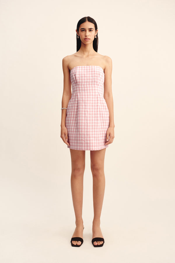 ROSALIE STRAPLESS MINI DRESS - PINK GINGHAM