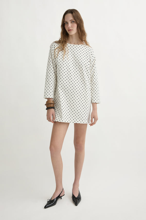BEA LONG SLEEVE DRESS - CREAM BLACK POLKA DOT