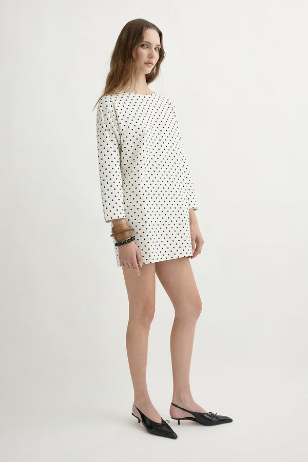 BEA LONG SLEEVE DRESS - CREAM BLACK POLKA DOT