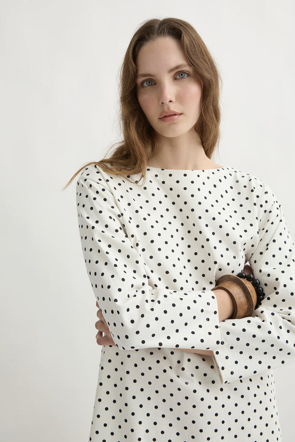BEA LONG SLEEVE DRESS - CREAM BLACK POLKA DOT
