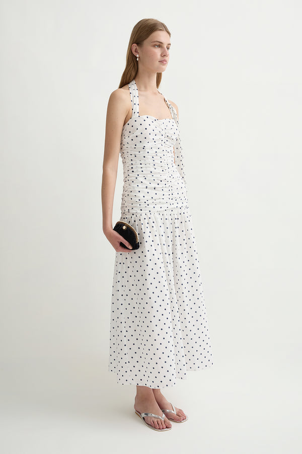 EDIE DRESS - CREAM BLUE POLKA DOT
