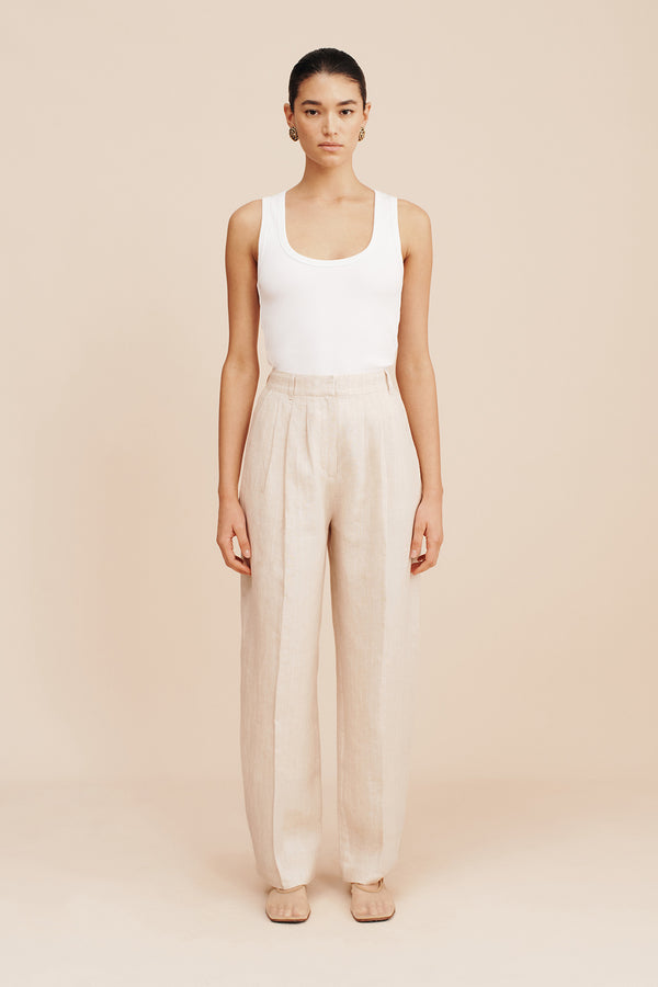 LUCILLE TROUSER - BEIGE PINSTRIPE – POSSE LUCILLE TROUSER - BEIGE PINSTRIPE – POSSE