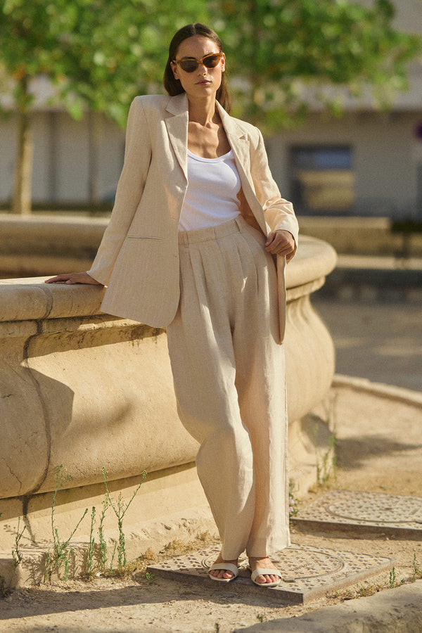 LUCILLE TROUSER - BEIGE PINSTRIPE – POSSE