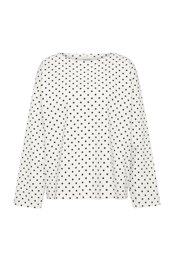 BEA LONG SLEEVE TOP - CREAM BLACK POLKA DOT